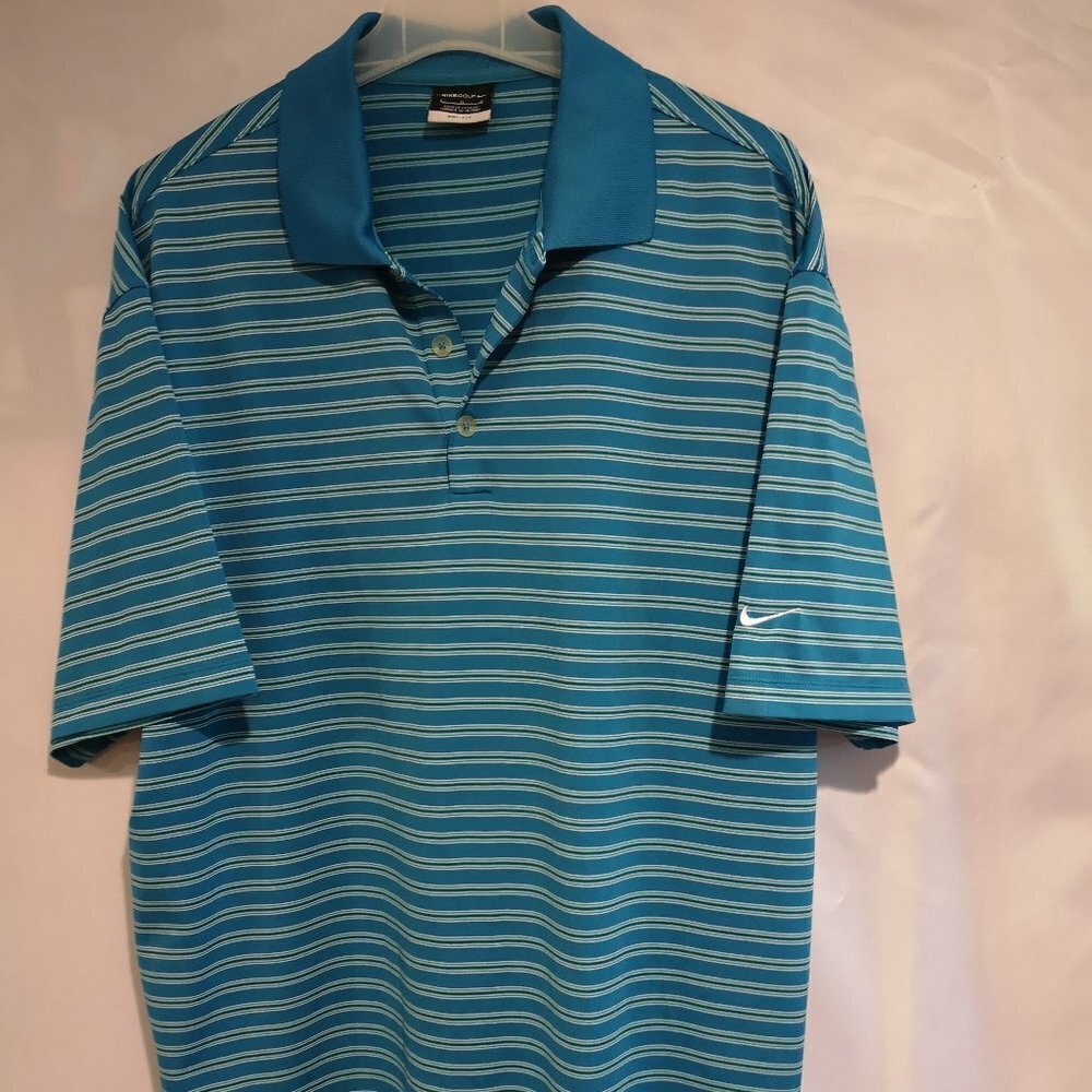 Nike Dri Fit Men's Size Large Blue w/ Green Stripes Golf / Polo Shirt